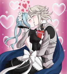  1boy alisa_(vallurite) apron armor back backless_dress backless_outfit black_dress black_gloves blue_cape blue_hair blush box cape closed_eyes commentary commission corrin_(fire_emblem) corrin_(male)_(fire_emblem) dress english_commentary female fire_emblem fire_emblem_fates flora_(fire_emblem) french_kiss gloves grey_hair heart-shaped_box hug juliet_sleeves kissing long_sleeves maid maid_apron pink_background pointy_ears puffy_sleeves short_hair straight twintails white_apron 