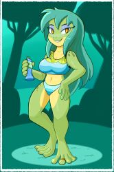  2024 4_toes 5_fingers amphibian anthro arm_markings beverage beverage_bottle big_breasts blue_hair border bottle bottle_cap bra branch breasts clothed clothed_anthro clothed_female clothing container digit_ring digital_drawing_(artwork) digital_media_(artwork) eyeshadow feet female fingers forest forest_background frog full-length_portrait grass green_body green_fingers green_markings green_skin hair hand_on_hip hi_res hip_markings holding_beverage holding_bottle holding_container holding_object jewelry leg_markings makeup markings nature nature_background navel nyla_(c437rp13) panties patch_(marking) pinup plant portrait pose purple_eyeshadow ring shaded shoulder_markings shrub silhouette_background slit_nostrils smile solo sports_bra sports_panties sportswear standing text toe_ring toes toon_draw tree two_tone_face underwear water_bottle white_border yellow_body yellow_eyes yellow_fingers yellow_skin 