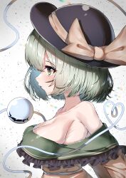  absurdres bare_shoulders black_hat blush bow breasts closed_mouth commentary_request dfra eyeball female frilled_shirt_collar frills from_side green_eyes green_hair hat hat_bow hat_ribbon heart heart-shaped_pupils heart_of_string highres komeiji_koishi large_breasts long_sleeves off_shoulder ribbon shirt short_hair solo symbol-shaped_pupils third_eye touhou upper_body yellow_bow yellow_ribbon yellow_shirt 