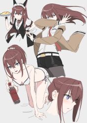  absurdres bikini blue_eyes blush bottle breasts female hair_up highres holding holding_bottle holding_plate jacket maid makise_kurisu necktie nonanonnon6u6 plate red_hair side-tie_bikini_bottom solo steins;gate swimsuit 