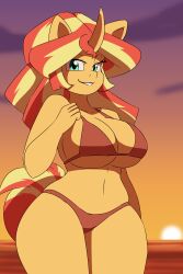  absurd_res anthro big_breasts bikini breasts clothing curvy_figure equestria_girls equid equine female friendship_is_magic hasbro hi_res horn hourglass_figure mammal my_little_pony mythological_creature mythological_equine mythology sagirlthicc solo sunset sunset_shimmer_(eg) swimwear two-piece_swimsuit unicorn wide_hips 