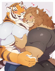  anthro barazoku closed_eyes cuddling duo felid giraffe_(artist) happy heart_symbol hi_res hug lam-chan lion lion-san male male/male mammal muscular pantherine simple_background tiger white_background 