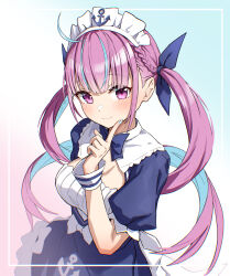  ahoge anchor_print anchor_symbol blue_background blue_bow blue_bowtie blue_dress blue_hair blue_nails blue_ribbon blush border bow bowtie breasts cleavage colored_inner_hair commentary_request dress female finger_to_cheek from_above gradient_background hair_ribbon hand_up highres hololive looking_at_viewer maid_headdress minato_aqua minato_aqua_(1st_costume) multicolored_hair outside_border pink_background puffy_short_sleeves puffy_sleeves purple_eyes purple_hair ribbon short_sleeves smile solo takanashi_kei_(hitsujikan) twintails two-tone_hair upper_body virtual_youtuber white_border white_bow wrist_cuffs 