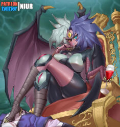  1boy artist_name black_bodysuit black_wings blue_eyes blue_lips bodysuit breasts colored_sclera colored_skin covered_nipples crossed_legs demon_girl demon_wings duel_monster female grey_bodysuit grey_hair heterochromia johan_andersen large_breasts medium_hair niur orange_eyes purple_hair purple_skin purple_wings sitting solo_focus spiked_hair third_eye throne wings yellow_sclera yu-gi-oh! yu-gi-oh!_gx yubel 