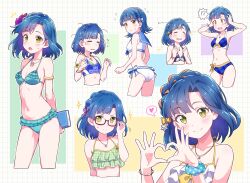  !? @_@ adjusting_eyewear arm_behind_back ass bikini blue_hair blush book breasts cleavage commentary_request female flower frilled_bikini frills hair_flower hair_ornament heart heart_hands highres holding holding_book idolmaster idolmaster_million_live! idolmaster_million_live!_theater_days jewelry kyoutsuugengo looking_at_viewer medium_breasts nanao_yuriko navel necklace official_alternate_costume official_alternate_hairstyle plaid_bikini plaid_clothes sailor_bikini sailor_collar sailor_swimsuit_(idolmaster) semi-rimless_eyewear small_breasts smile spoken_heart swimsuit yellow_eyes 