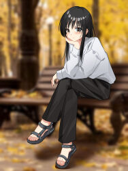  absurdres black_footwear black_hair black_pants blurry closed_mouth commission crossed_legs depth_of_field feet female foot_focus full_body grey_shirt hand_up head_rest highres kotegawa_yui long_hair long_sleeves nanase_young on_bench outdoors pants pixiv_commission sandals shirt sidelocks sitting solo to_love-ru toenails toes yellow_eyes 