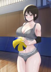  absurdres ball bandaged_fingers bandages basketball_hoop blurry blurry_background breasts brown_hair buruma collarbone cowboy_shot female grey_buruma grey_eyes grey_sports_bra highres holding holding_ball large_breasts mole mole_on_breast navel original ramachiru short_hair solo sports_bra sweat volleyball_(object) wooden_floor 