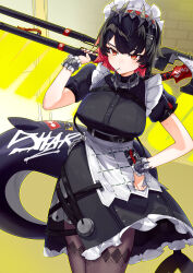  black_hair blush breasts candy ellen_joe female fins fish_tail food frilled_wristband hair_ornament hand_on_own_hip highres holding holding_candy holding_food holding_lollipop holding_weapon large_breasts lollipop looking_at_viewer maid maid_headdress metal_hairband mole mole_on_arm mole_under_eye multicolored_hair pantyhose red_eyes red_hair red_nails shark_girl shark_tail short_hair smile solo spiked_headband tail weapon yun-yang zenless_zone_zero 