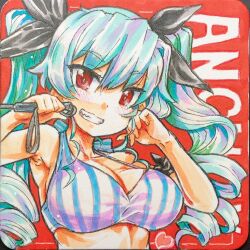  anchovy_(girls_und_panzer) bikini breasts cleavage drill_hair female girls_und_panzer grin highres large_breasts long_hair nabeyu red_background red_eyes riding_crop shikishi simple_background smile swimsuit teeth traditional_media twin_drills twintails 