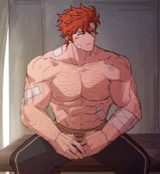  1boy :/ abs arm_hair bandage_on_face bandaged_arm bandaged_chest bandages bench between_legs black_pants chest_hair closed_mouth collarbone commentary english_commentary fire_emblem fire_emblem:_three_houses garreg_mach_monastery_uniform hand_between_legs highres injury looking_to_the_side male_focus multiple_scars navel nipples pants pectorals red_hair satodee scar scar_on_arm scar_on_shoulder sitting solo striped_clothes striped_pants sylvain_jose_gautier topless_male wooden_bench 