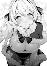  blush breasts capelet cleavage commentary_request dress female fur-trimmed_capelet fur-trimmed_dress fur_trim giuniu greyscale hair_ribbon heart heart-shaped_pupils highres leaning_forward monochrome novel_illustration official_art otoko_girai_na_bijin_shimai_wo_namae_mo_tsugezu_ni_tasuketara_ittai_dounaru? reaching reaching_towards_viewer ribbon second-party_source shinjou_aina_(otomai) solo sweat symbol-shaped_pupils thighhighs 