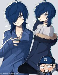  1boy absurdres baseball_cap black_nails black_pantyhose blue_hair blue_hat blue_jacket blue_shirt blush bobamiruku breasts chibi collarbone collared_shirt eyelashes female from_behind genderswap_(mtf) grey_eyes grey_shirt hair_over_one_eye hand_up hat heart highres iori_junpei jacket jewelry looking_at_viewer looking_back medium_breasts medium_hair necklace one_eye_covered pantyhose parted_lips persona persona_3 rule_63 shirt simple_background sitting sleeves_past_wrists sweatdrop upper_body wariza yuuki_makoto_(persona_3) 