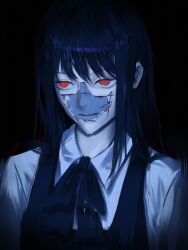  absurdres black_hair chainsaw_man cross_scar female fourth_east_high_school_uniform highres kozzz_y long_hair neck_ribbon red_eyes ribbon ringed_eyes scar scar_on_cheek scar_on_face scar_on_nose school_uniform simple_background sleeveless solo yoru_(chainsaw_man) 