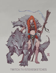  animal armor bare_legs barefoot bone_ornament braid breasts claws elf english_commentary feet female fur_trim grey_background grey_fur highres jewelry large_breasts leather_armor loincloth midriff necklace orange_hair original pointy_ears serious shadow signature solo_focus staff stevesketches1 toenails toned tooth_necklace twin_braids twitch.tv viking web_address wolf yellow_eyes 