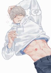  1boy abs black_pants blue_eyes clothes_lift cowboy_shot expressionless grey_hair highres hood hood_down hoodie hoodie_lift lipstick_mark lipstick_mark_on_stomach long_sleeves love_and_deepspace male_focus navel one_eye_closed orihara0820 pants parted_lips short_hair simple_background solo speech_bubble teeth white_background white_hoodie xavier_(love_and_deepspace) 