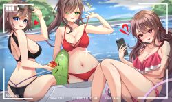  !? 3girls @_@ absurdres alternate_costume alternate_eye_color arm_under_breasts armpits ass bare_arms bare_legs bare_shoulders beach_chair bikini black_bikini blue_eyes breasts brown_hair c_turtle cellphone cleavage collarbone day eyewear_on_head feet_out_of_frame frilled_bikini frills from_behind green_eyes halterneck highres holding holding_phone indie_virtual_youtuber innertube knees_together_feet_apart large_breasts long_hair looking_at_viewer looking_back miori_celesta mogu_(miori_celesta) multi-strapped_bikini_bottom multi-strapped_bikini_top multiple_girls navel open_mouth outdoors phone pink_bikini ponytail pool pulling_own_clothes red_bikini red_eyes short_hair side-tie_bikini_bottom smartphone smile stomach strap_gap strap_pull string_bikini sunglasses swim_ring swimsuit thighs viewfinder water 