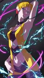  absurdres arm_behind_head armpits bare_arms black_choker black_pantyhose blonde_hair blue_eyes blunt_bangs breasts choker collarbone commentary_request dress electricity elesa_(pokemon) female hair_flowing_over hand_on_own_hip headphones highres hpwk2775 low_neckline midriff pantyhose pokemon pokemon_bw short_dress short_hair sleeveless sleeveless_dress solo yellow_dress 