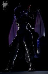  black_background dark_theme dragon gynomorph hi_res horn intersex membrane_(anatomy) membranous_wings mythological_creature mythological_scalie mythology obsidiana_(rinny) pupils purple_eyes rinny scalie shadow simple_background slit_pupils solo wings 