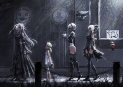  10h_(nier_reincarnation) 2b_(nier:automata) 4girls arms_behind_head arms_up ass black_blindfold blindfold blonde_hair boots drag-on_dragoon drag-on_dragoon_3 emil_(nier) fio_(nier) flower_eyepatch garter_straps grey_hair high_heel_boots high_heels highres in-franchise_crossover leotard mama_(nier) multiple_girls nier nier:automata nier_(series) nier_reincarnation nitrocharge25 official_alternate_costume short_hair thigh_boots thighhighs walking zero_(drag-on_dragoon) 