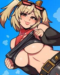  :p akairiot bare_shoulders blonde_hair blush breasts burnice_white clothes_lift crop_top english_commentary female head_tilt highres large_breasts looking_at_viewer open_mouth red_eyes shirt_lift smile solo tongue tongue_out underboob zenless_zone_zero 