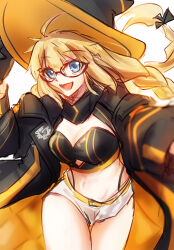  aesc_(exhibition_attire)_(fate) aesc_(fate) aesc_(rain_witch)_(fate) blonde_hair blue_eyes blush crop_top fate/grand_order fate_(series) female glasses hat highleg highleg_panties highres long_hair looking_at_viewer official_alternate_costume panties ringozuki robe round_eyewear smile thighs underwear white_background white_robe witch_hat 