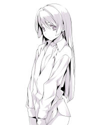  bottomless breasts character_request copyright_request expressionless female greyscale hime_cut long_hair looking_at_viewer monochrome nagayori naked_shirt shirt simple_background small_breasts solo 