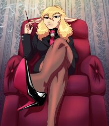  absurd_res anthro blonde_hair bovid business_suit caprine cigarette_holder clothing crossed_legs crovirus female footwear furniture hair hi_res high_heels jane_doe_(hladilnik) legwear looking_at_viewer low-angle_view mammal necktie perspective sheep shoes sitting sofa solo stockings suit wallpaper_(decoration) 