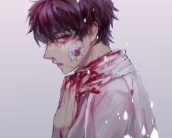  1boy blood blood_on_clothes blood_on_face blood_on_hands brown_hair character_request chinese_commentary closed_mouth commentary_request copyright_request from_side gauze gauze_on_cheek grey_background hand_on_own_chest highres iuew male_focus pink_eyes profile shirt short_hair solo white_shirt 