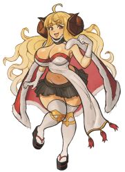  absurdres ahoge anila_(granblue_fantasy) black_footwear black_skirt blonde_hair blunt_bangs breasts brown_eyes cape cleavage curled_horns curvy draph dress eduedude female fur-trimmed_cape fur_trim granblue_fantasy hand_up highres horns large_breasts long_hair miniskirt okobo open_mouth pelvic_curtain pleated_skirt sandals sheep_horns short_eyebrows simple_background skirt smile strapless teeth thick_eyebrows thick_thighs thighhighs thighs upper_teeth_only v-shaped_eyebrows very_long_hair white_background white_dress white_thighhighs wide_hips 