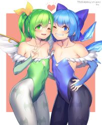  2girls absurdres animal_print bat_print blue_bow blue_eyes blue_hair blue_leotard bow cirno clothing_cutout cosplay covered_navel daiyousei darkstalkers elbow_gloves fairy_wings flat_chest fur-trimmed_leotard fur_trim gloves green_hair green_leotard hairbow heart_cutout highres ice ice_wings leotard lilith_(darkstalkers) lilith_(darkstalkers)_(cosplay) morrigan_aensland morrigan_aensland_(cosplay) multiple_girls off-shoulder_leotard one_eye_closed pantyhose print_pantyhose side_ponytail tarmo touhou wings 