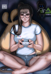  astro_bot_(series) barefoot black_hair blunt_bangs breasts brown_eyes closed_mouth controller eve_(stellar_blade) feet female game_controller glasses long_hair panties panties_under_shorts panty_peek playstation_controller ponytail robot sitting solo stellar_blade thighs toes underwear very_long_hair wei_(promise_0820) white_panties 