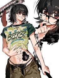  black-framed_eyewear black_hair black_panties bug cross cross_necklace denim female finger_in_own_mouth glasses hunter_x_hunter jeans jewelry looking_at_viewer looking_to_the_side mai021228 necklace open_pants panties pants pulling_own_clothes shirt shizuku_murasaki short_hair solo spider spider_tattoo stomach_tattoo t-shirt tattoo underwear vacuum_cleaner 