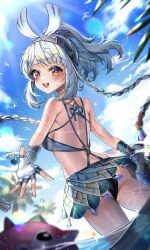  :d absurdres ass bare_shoulders black_gloves black_panties blue_sky blush braid cloud commentary crop_top day female fingerless_gloves floating_hair from_behind genshin_impact gloves highres hydro_symbol_(genshin_impact) long_hair looking_at_viewer looking_back mualani_(genshin_impact) nq_(nnq_q) open_mouth outdoors panties partially_submerged red_eyes side-tie_skirt sky smile solo sunlight symbol-shaped_pupils teeth two-tone_gloves underwear upper_teeth_only very_long_hair vision_(genshin_impact) water wet white_gloves white_hair 