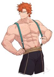  1boy abs absurdres arm_hair arms_up bare_shoulders black_pants chest_hair closed_mouth collarbone commentary cropped_legs dated english_commentary fire_emblem fire_emblem:_three_houses groin highres looking_to_the_side male_focus male_pubic_hair multiple_scars navel nipples orange_hair pants pectorals pubic_hair satodee scar scar_on_arm scar_on_chest short_hair signature simple_background smile solo striped_clothes striped_pants suspenders suspenders_pull sylvain_jose_gautier topless_male twitter_username white_background 