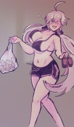  alcohol bag beer beer_can bikini bikini_top_only boingoalive bottle can commentary dolphin_shorts drink_can drunk english_commentary female highres holding holding_bag holding_bottle low_ponytail monochrome navel plastic_bag purple_eyes shorts swimsuit vocaloid yowane_haku 