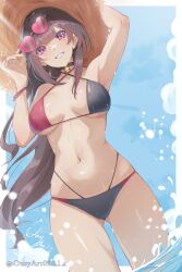  alternate_costume bell bikini black_choker breasts brown_hair choker cloud commentary day dutch_angle english_commentary female grin hat heart heart-shaped_eyewear highres honkai:_star_rail honkai_(series) jingle_bell linea_alba long_hair looking_at_viewer looking_down medium_breasts navel neck_bell outdoors ozzyart_0221 partially_submerged pink_eyes removing_eyewear signature smile solo sparkle_(honkai:_star_rail) sun_hat sunglasses swimsuit twitter_username two-tone_bikini very_long_hair 