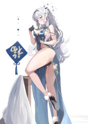  ass backless_dress backless_outfit bare_shoulders black_gloves black_panties blue_archive blue_dress blush bracelet breasts cleavage cleavage_cutout clothing_cutout dress female floral_print flower full_body gloves hair_flower hair_ornament hair_tubes hairband halo high_heels himari_(blue_archive) houraku jewelry long_hair looking_at_viewer medium_breasts mole mole_under_eye panties pelvic_curtain pointy_ears purple_eyes side_slit sidelocks solo underwear white_hair 