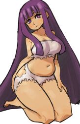  alternate_costume arm_behind_back belly blunt_bangs bra breasts bright_pupils collarbone eduedude female fern_(sousou_no_frieren) hand_on_lap hand_on_own_thigh head_tilt highres kneeling large_breasts long_hair looking_at_viewer navel pout purple_eyes purple_hair seiza sitting solo sousou_no_frieren strapless strapless_bra torn_clothes torn_underwear underwear underwear_only v-shaped_eyebrows very_long_hair white_background 