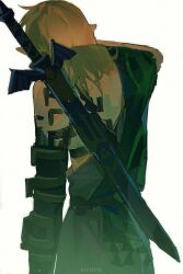  1boy arm_tattoo back back_tattoo blonde_hair cowboy_shot film_grain from_behind highres iuew link long_hair male_focus pointy_ears simple_background solo sword sword_on_back tattoo the_legend_of_zelda the_legend_of_zelda:_tears_of_the_kingdom weapon weapon_on_back white_background 