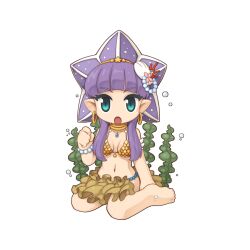  :o bikini blue_eyes blunt_bangs breasts bubble chibi chibi_only coral_hair_ornament earrings female full_body hoop_earrings jewelry long_hair looking_at_viewer medium_breasts navel official_art open_mouth pearl_hair_ornament pointy_ears purple_hair ragnarok_online sequins shell_hair_ornament sidelocks simple_background sitting solo star_candy swimsuit transparent_background wariza yellow_bikini yuichirou 