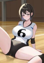  bandaged_fingers bandages black_shorts breasts brown_hair cleavage collarbone female grey_eyes highres large_breasts original ramachiru shirt short_hair shorts sitting sleeveless sleeveless_shirt solo sportswear volleyball_uniform wooden_floor 