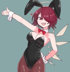  animal_ears arknights bow bowtie exusiai_(arknights) halo heart leotard nikukabe pantyhose playboy_bunny rabbit_ears rabbit_tail red_eyes red_hair simple_background smile tagme tail wings 