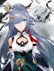  bare_shoulders black_hair blue_eyes breasts china_dress chinese_clothes cleavage_cutout closed_mouth clothing_cutout dress earrings female fu_hua fu_hua_(azure_empyrea) hair_ornament honkai_(series) honkai_impact_3rd jewelry long_hair looking_at_viewer single_earring small_breasts solo toki_9113 very_long_hair white_dress yin_yang 