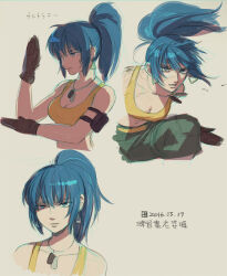  a-ka armlet bare_shoulders blue_eyes blue_hair dated dog_tags earrings expressions female gloves jewelry leona_heidern multiple_views simple_background sleeveless smile tank_top the_king_of_fighters the_king_of_fighters_xv triangle_earrings yellow_tank_top 