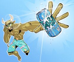  2024 5_fingers anthro beverage_can blue_background body_hair bottomwear bovid bovine brown_body brown_fur cattle chest_hair clothing compression_artifacts english_text eyewear fingers fur hi_res holding_object hooves horn light lighting looking_at_viewer male mammal nipples shorts simple_background smile solo stagor55 sunglasses text unguligrade 