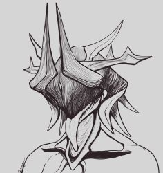  absurd_res alien ambiguous_gender biomechanical black_and_white crown_of_horns digital_extremes ember_(warframe) ember_pyraxis eyeless hi_res horn humanoid long_tongue many_horns mawframe monochrome searyn sharp_teeth signature simple_background solo teeth tencent tongue tongue_out warframe warframe_(species) 