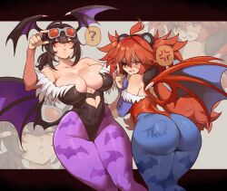  2girls ? ahoge alternate_costume anger_vein animal_print ass bare_shoulders bat_print black_hair black_leotard blue_pantyhose breasts cleavage clenched_teeth clothing_cutout commentary cosplay darkstalkers demon_wings eyepatch goggles goggles_on_head grace_howard head_wings heart_cutout highres koleda_belobog large_breasts leotard lilith_(darkstalkers) lilith_(darkstalkers)_(cosplay) long_hair middle_finger morrigan_aensland morrigan_aensland_(cosplay) multiple_girls nyantcha off-shoulder_leotard orange_eyes pantyhose purple_pantyhose red_hair red_leotard spoken_anger_vein spoken_question_mark teeth thick_thighs thighs very_long_hair wings zenless_zone_zero zoom_layer 