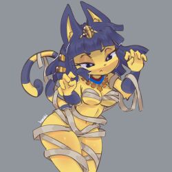  :&lt; absurdres animal_crossing animal_ears animal_nose ankha_(animal_crossing) bandages black_eyes blue_hair blunt_bangs bob_cut body_fur breasts cat_girl cat_tail claw_pose colored_skin eyelashes eyeshadow hair_ornament half-closed_eyes hanabi404 hands_up highres light_frown looking_at_viewer makeup medium_breasts mummy_costume naked_bandage navel short_eyebrows short_hair snake_hair_ornament striped_tail tail uraeus usekh_collar yellow_fur yellow_skin 