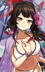  animal_ear_fluff animal_ears bikini blue_archive breasts brown_hair cleavage closed_mouth collarbone commentary_request cowboy_shot eyeshadow female flower fox_ears fox_girl fox_tail hair_flower hair_ornament halo hand_on_own_chest highres holding holding_umbrella jacket jacket_on_shoulders large_breasts long_hair looking_at_viewer makeup midriff multicolored_hair navel official_alternate_costume oil-paper_umbrella purple_jacket red_eyeshadow red_hair red_halo sidelocks smile solo standing swimsuit tail umbrella wakamo_(blue_archive) wakamo_(swimsuit)_(blue_archive) white_bikini wristband yasume_yukito yellow_eyes 