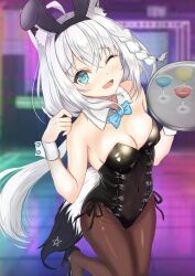  ahoge animal_ear_fluff animal_ears black_footwear black_leotard black_pantyhose blue_bow blue_bowtie blurry blurry_background blush bow bowtie braid breasts cleavage commentary_request detached_collar earrings fake_animal_ears female fishnet_pantyhose fishnets fox_ears fox_girl fox_tail green_eyes hair_between_eyes high_heels highres holding holding_plate hololive jewelry leg_up leotard long_hair looking_at_viewer medium_breasts one_eye_closed open_mouth pantyhose plate playboy_bunny rabbit_ears rakusakia shirakami_fubuki sidelocks single_braid solo tail virtual_youtuber white_hair wrist_cuffs 